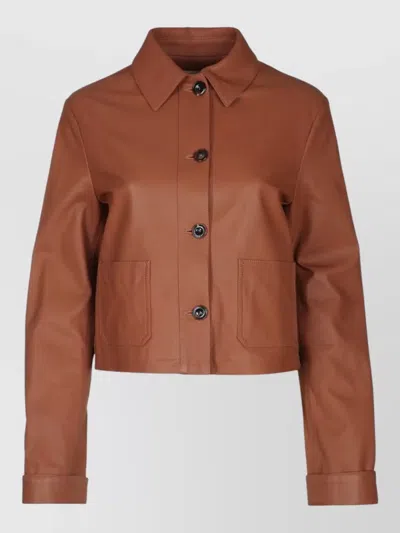 Jacob Cohen Leather Jacket Collared Neck Front Pockets In Brown