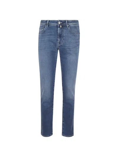 Jacob Cohen Logo-embroidered Whiskered Jeans In Blue