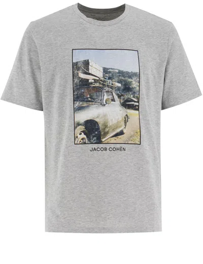 JACOB COHEN JACOB COHEN MELANGE GREY T-SHIRT WITH VINTAGE GRAPHIC PRINT 