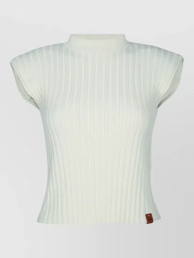 Jacob Cohen Ribbed Knit Top Cap Sleeves Mock Neck In White