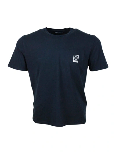 Jacob Cohen Short-sleeved Crew-neck T-shirt In Stretch Cotton With Logo On The Chest In Blue