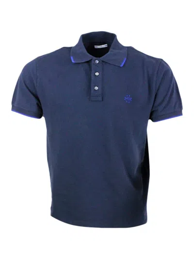 Jacob Cohen Three-button Short-sleeved Polo Shirt In Cotton Piquet With Logo On The Chest And Contrasting Colour  In Blue