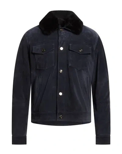 Jacob Cohёn Man Jacket Navy Size 40 Calfskin, Shearling In Blue