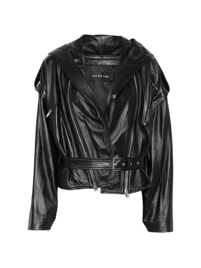 Jacob Lee Hooded Leather Biker Jacket In Black