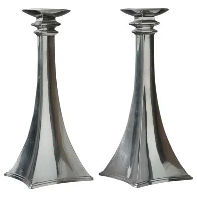 Pre-owned Jacob Ängman Pair Of Pewter Art Deco Candlesticks By Just Andersen, Denmark, 1920s In Gray