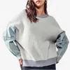 Jacqueline B Clothing Knit Sweater With Denim Sleeves In Grey In Grey