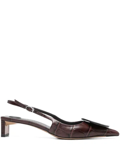 Jacquemus Les Duelo Mismatched Croc Embossed Kitten Heel Slingback Pump In Midnight Brown