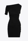 Jacquemus Asymmetrical One-shoulder Bodycon Mini Dress With Ruched Sleeve In Black