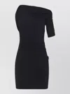 Jacquemus Asymmetrical One-shoulder Bodycon Mini Dress With Ruched Sleeve In Black