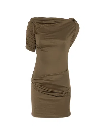 JACQUEMUS ASYMMETRIC GREEN MINI DRESS WITH GATHERED DETAILS