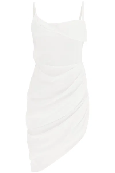 Jacquemus Asymmetric Mini Dress In Crinkled Viscose Blend For Women In White