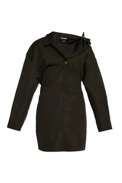Jacquemus Asymmetric Mini Shirt Dress In Black