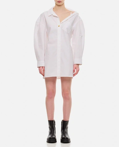 Jacquemus Asymmetric Shoulder Long Sleeve Shirt Dress In White