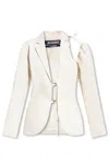 Jacquemus Linen Blazer Jacket With Off-shoulder Puff Sleeve In White