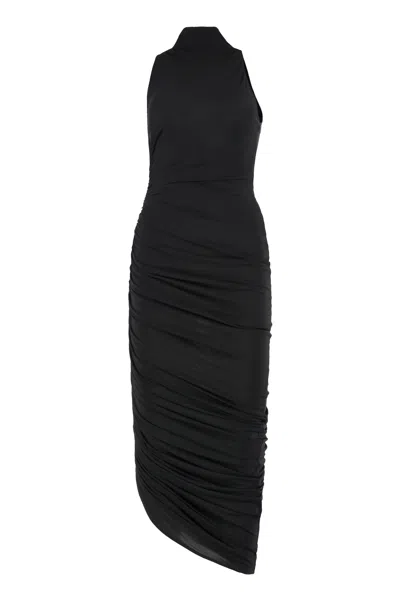 Jacquemus The Piazza Asymmetric Gathered Stretch-jersey Turtleneck Dress In Black