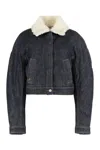 Jacquemus Le Bomber De-nimes Ovalo Blue Jacket With Fur Collar And Two Front Welt Pockets In Denim Woman In Blue
