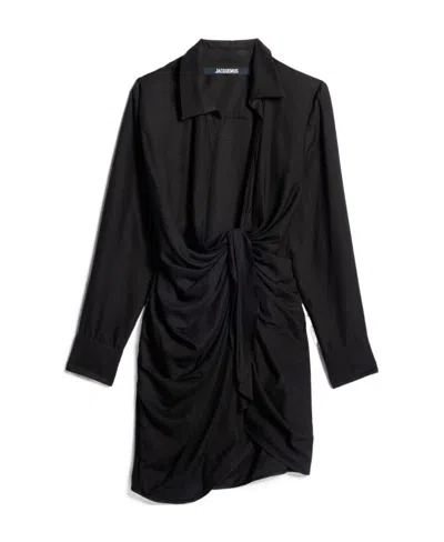 Jacquemus Bahia Knotted Draped Mini Shirt Dress In Black