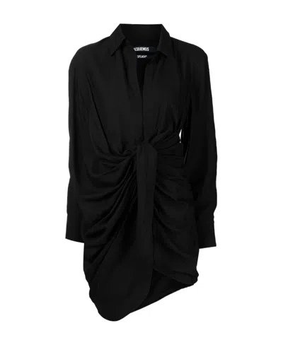 Jacquemus Draped Asymmetric Mini Dress In Black