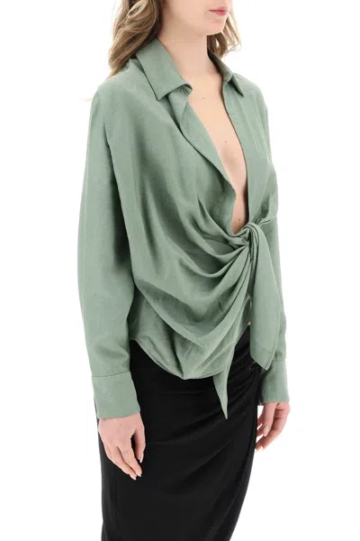 Jacquemus Bahia Knotted Draped Twill Shirt In Khaki