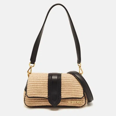 Pre-owned Jacquemus Bambimou Le Petit Ivory/black Raffia And Leather Shoulder Bag