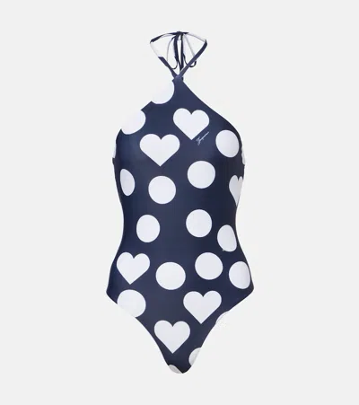 Jacquemus Bastide Printed Halterneck Swimsuit In Blue