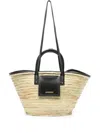 Jacquemus Woven Wicker Beach Bag With Contrast Stitching In Black