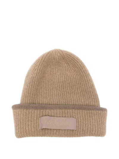 Jacquemus Beige Knitted Beanie Cap In Brown