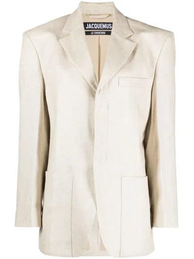 Jacquemus Beige Blazer Jacket For Women: Ss24 Lightweight Construction, Notched Lapels, Concealed Fastening In Tan