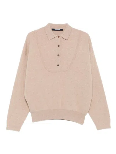 JACQUEMUS BEIGE KNIT SWEATER WITH POLO COLLAR