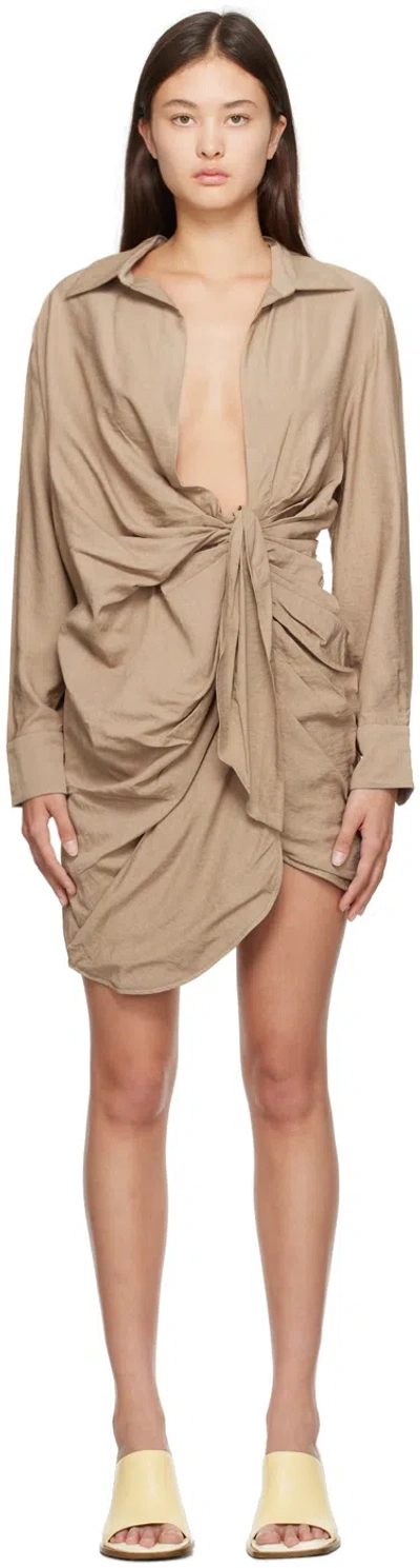 Jacquemus Beige Asymmetrical Dress With Draped Front And Nacre Buttons In Tan