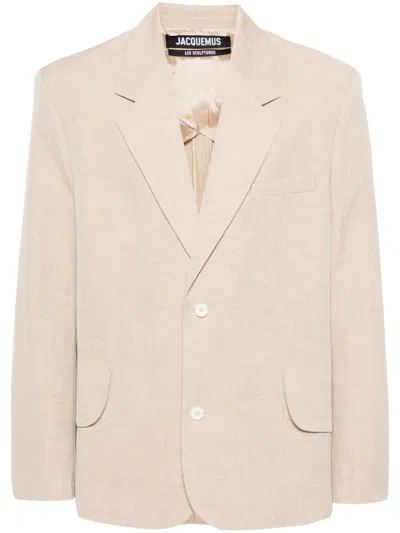 Jacquemus Beige Linen And Virgin Wool Blend Blazer Jacket For Men In Tan