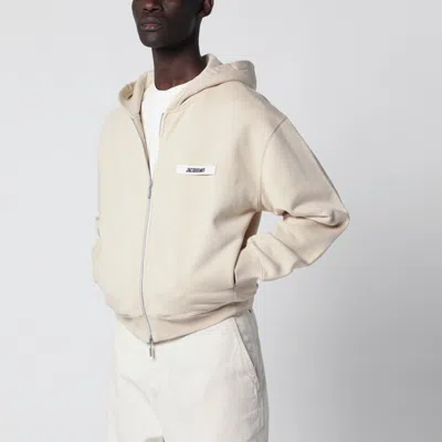 Jacquemus Beige Zip-up Sweatshirt With Grosgrain Logo In White