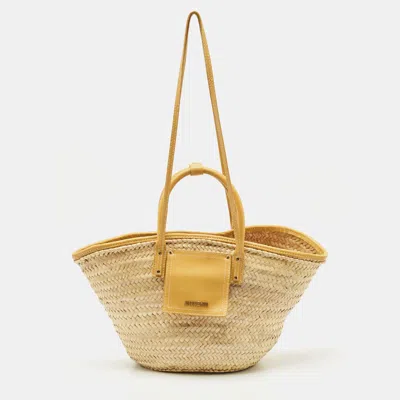 Pre-owned Jacquemus Beige/yellow Straw And Leather Le Panier Soleil Basket Tote