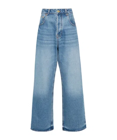 Jacquemus Wide Leg High Rise Jeans With Contrast Stitching In Blue