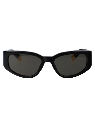 Jacquemus Black Acetate Sunglasses In 01 Black/ Yellow Gold/ Grey