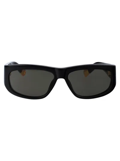Jacquemus Black Acetate Sunglasses In 01 Black/ Yellow Gold/ Grey