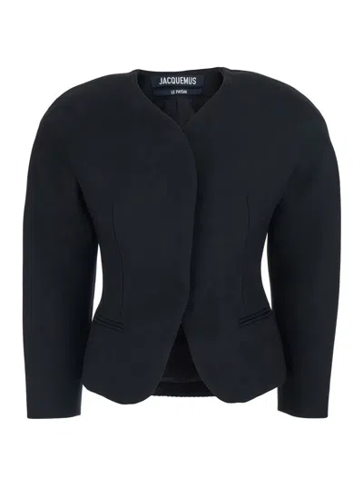 JACQUEMUS BLACK BLOUSE WITH FRONT NECKLINE AND SIDE POCKETS IN COTTON BLEND WOMAN