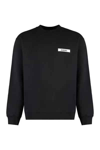 Jacquemus Black Cotton Sweatshirt With Front Logo And Ribbed Edges For Men In Black  