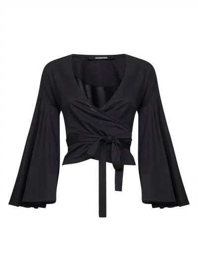 Jacquemus The Ventadou Paper-blend Wrap Top In Black
