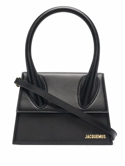 Jacquemus Black Leather Mini Tote Handbag With Adjustable Strap And Magnetic Closure
