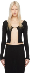 Jacquemus Gold Toned Logo Charm Ribbed Knit Cropped Cardigan In 990 Black