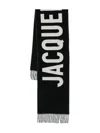 Jacquemus Black Bold White Lettering Twisted Fringe Scarf In Black