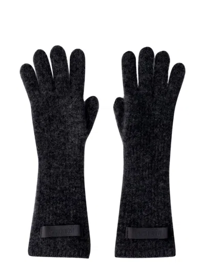 Jacquemus Black Long Textured Ribbed Knit Gloves In Transparent