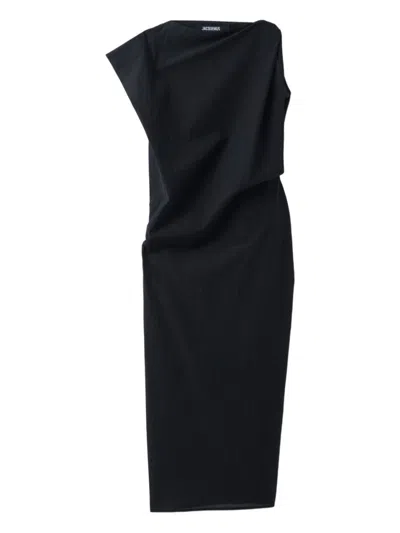 Jacquemus Black Solid Boat Neck Midi Dress