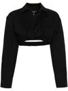 Jacquemus Black Textured Cotton Stretch Shirt With Drop Shoulder And Elasticated Hem In Black