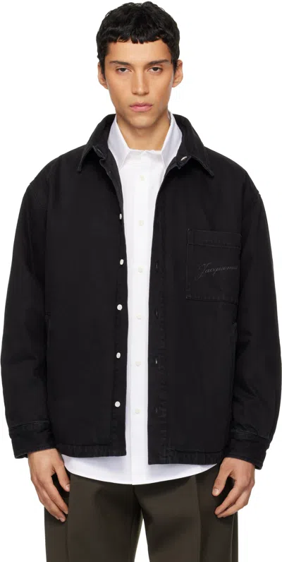 Jacquemus Virgin Wool Long-sleeve Shirt With Embroidered Logo In Black