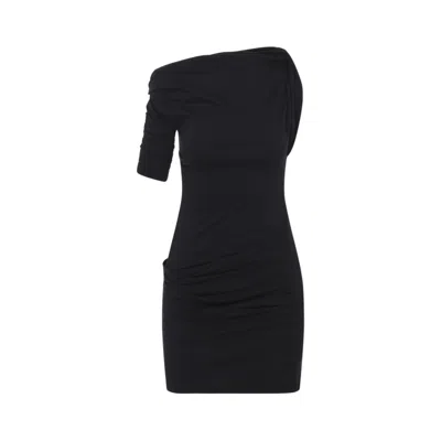 Jacquemus Asymmetrical One-shoulder Bodycon Mini Dress With Ruched Sleeve In Black