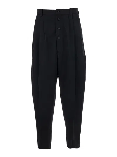 JACQUEMUS BLACK TROUSERS WITH BUTTON CLOSURE AND PLEATS ON THE FRONT IN WOOL MAN
