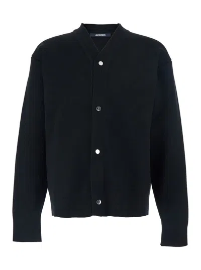 JACQUEMUS BLACK V-NECK CARDIGAN WITH J LOGO ON THE BACK IN WOOL MAN