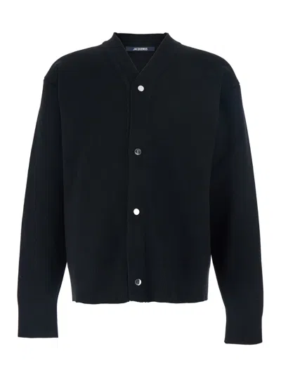 JACQUEMUS BLACK V-NECK CARDIGAN WITH J LOGO ON THE BACK IN WOOL MAN